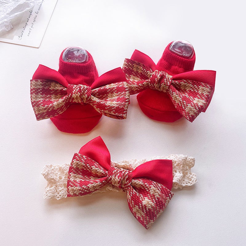 Generic Cute Newborn Socks and Headband Set Cartoon Korean Style Baby Accessories Plaid Patchwork Bow Combination 