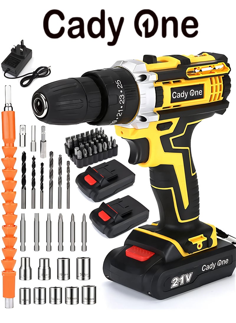 Cady One - 21V Cordless Drill, 2 Lithium-Ion Batteries and Rapid Charger, 21V Cordless Electric Drill with Heavy-Duty Lithium Batteries, Screwdriver for Home and Outdoor Use with Bag, Variable Speed ​​Drill with LED Work Light - Image 1
