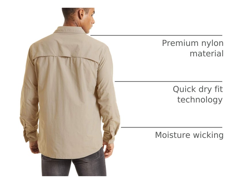 TACVASEN Fishing Shirts for Men Quick Dry Fit Long Sleeve Shirts Button Up Tactical Shirt Sun Protection Breathable Work Shirts Cooling Safari Khaki L - Image 4