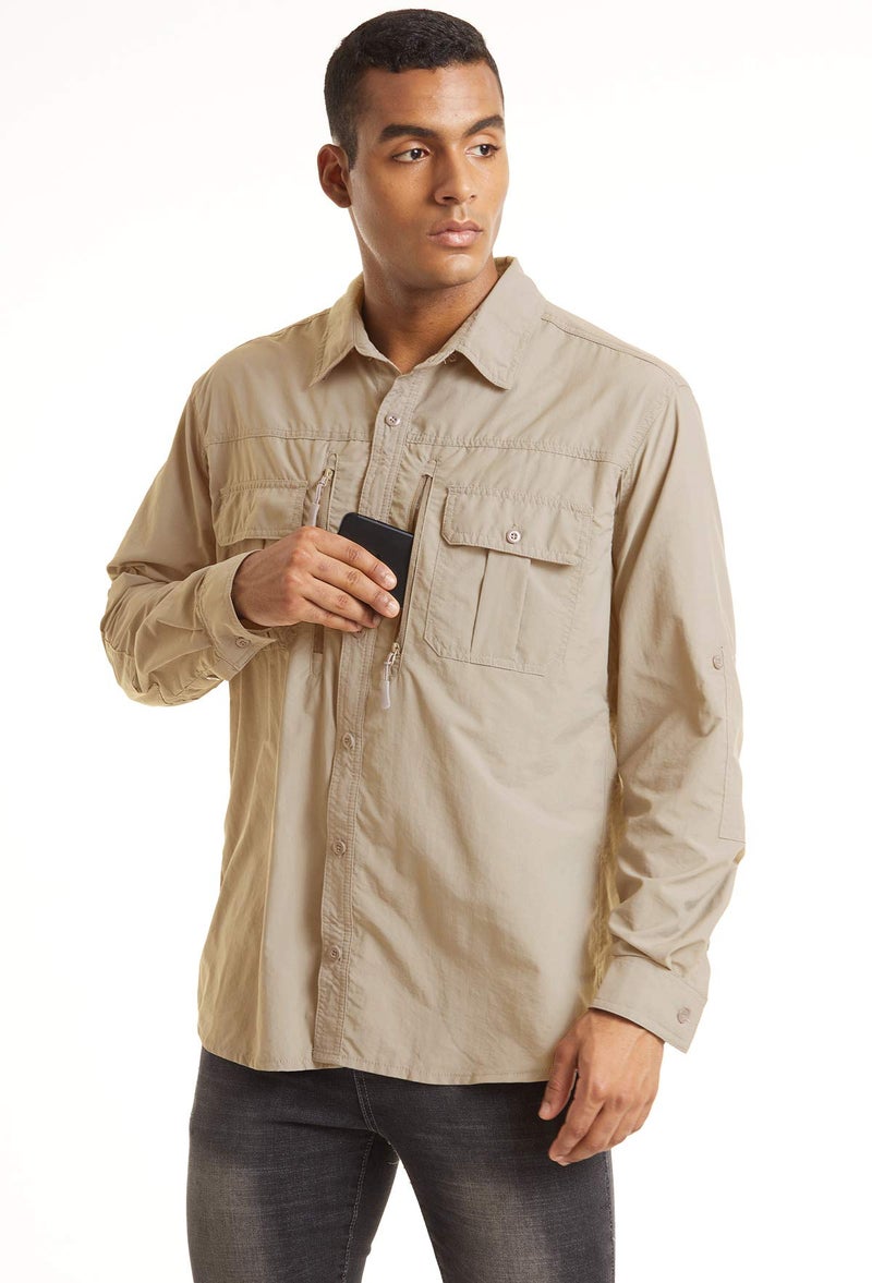 TACVASEN Fishing Shirts for Men Quick Dry Fit Long Sleeve Shirts Button Up Tactical Shirt Sun Protection Breathable Work Shirts Cooling Safari Khaki L - Image 2
