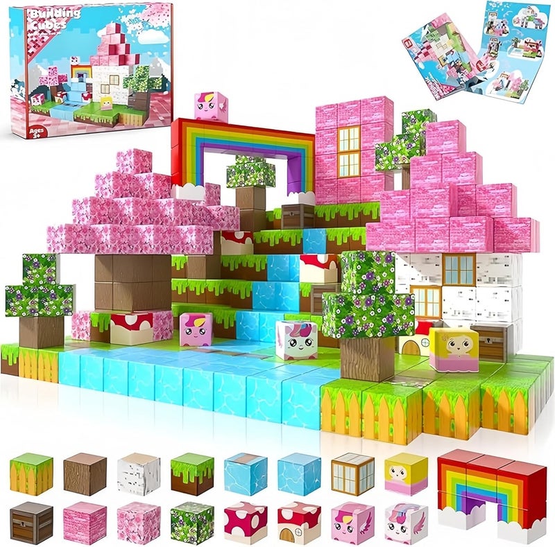 Moonmen Magnetic Cubes For Kids, 100 Pieces, Mine Magnet World Magic Portal Set STEM Montessori Sensory Toys Magnetic Blocks Magnetic Tiles for Age 3+, 3D Construction Kit (Unicorn Home) - Image 1