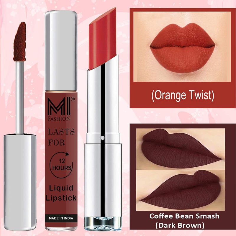 MI Fashion Made in India Lipstick Combo Offers 100 Veg Long Lasting Dark Brown Liquid Matte Lipstick Orange Fever Creamy Matte Lipstick - Image 1