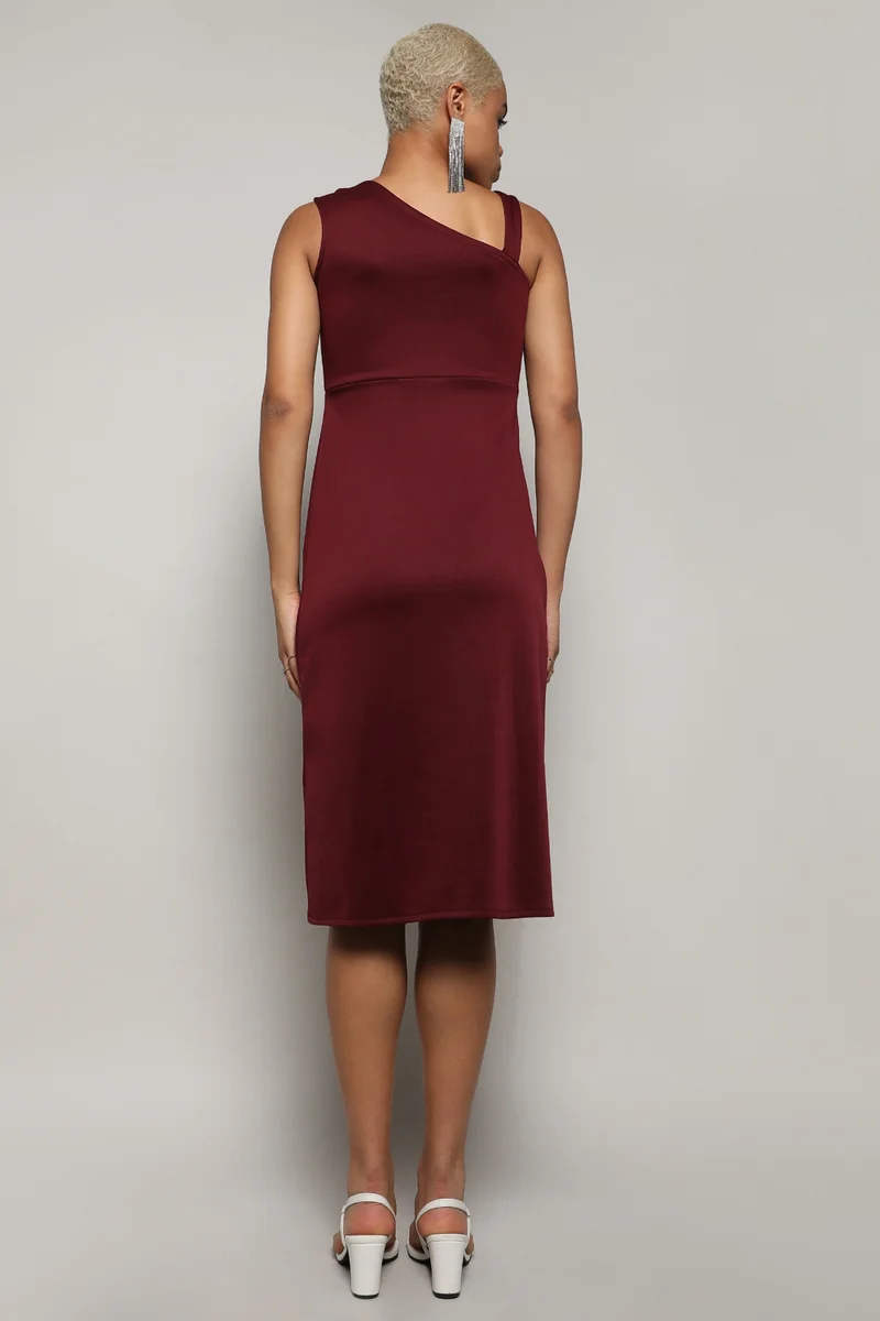 Pinacolada  Women's Solid Maroon Asymetrical Dress for Women | Best Price UAE