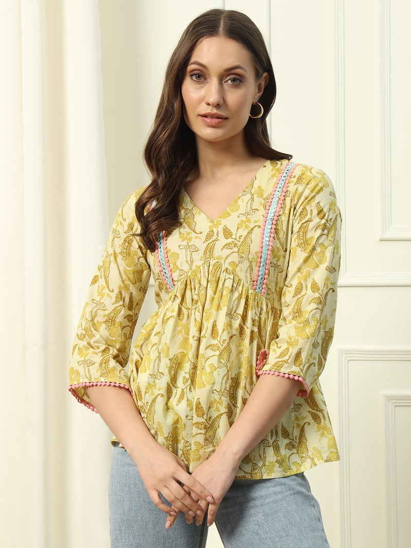 FIORRA Women's Yellow Cotton Top with Embroidery Lace and Printed Pattern - Image 4