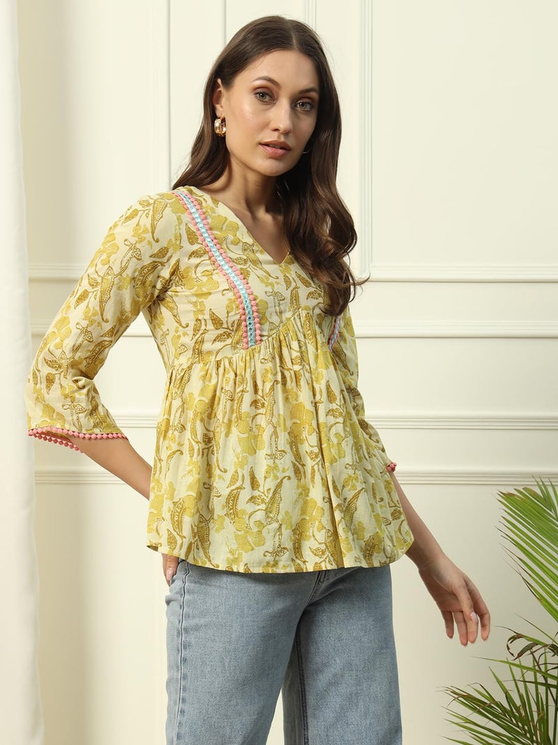 FIORRA Women's Yellow Cotton Top with Embroidery Lace and Printed Pattern - Image 3