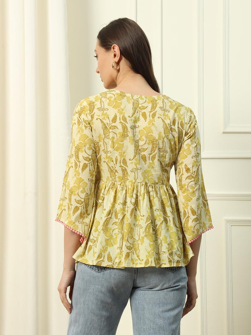 FIORRA Women's Yellow Cotton Top with Embroidery Lace and Printed Pattern - Image 2