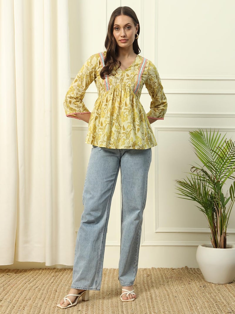 FIORRA Women's Yellow Cotton Top with Embroidery Lace and Printed Pattern - Image 5