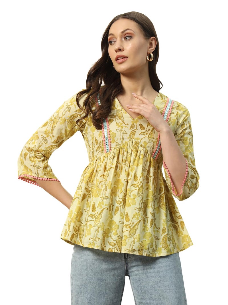 FIORRA Women's Yellow Cotton Top with Embroidery Lace and Printed Pattern - Image 1