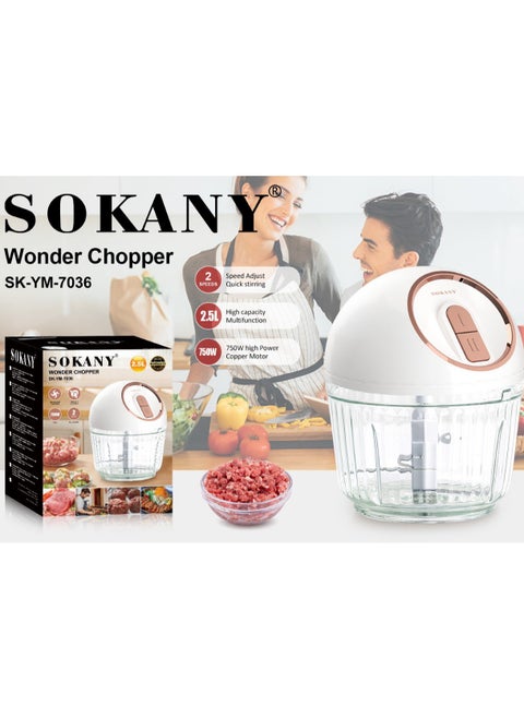 Sokany 750W 2.5L White Glass Chopper SK-7036 2-Speed ​​3 in 1Multi-PurposeYou can seamlessly transition from chopping vegetables to mincing meat using one device, the Sokany Meat Grinder. Original Turkish Design: Inspired by Turkish craftsmanship, our grinder features a sleek design that adds elegance to any kitchen decor while delivering exceptional performance.