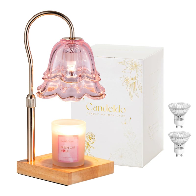 Candeldo Candle Warmer Lamp with Timer: Pink Flower Candle Warming Lamp with 2 Bulbs Height Adjustable Wax Warmer Dimmable Bedroom Mothers Day Decor Gift for Women - Image 1