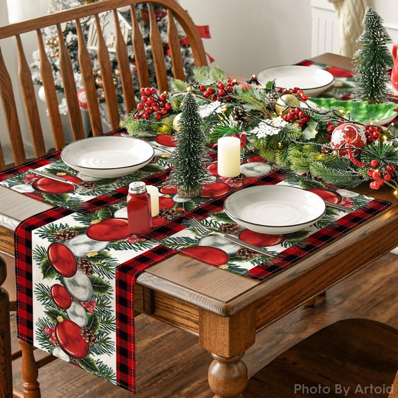 Artoid Mode Red Black Buffalo Plaid Holly Pine Cones Christmas Balls Placemats Set of 4 12x18 Inch Seasonal Winter Table Mats for Party Kitchen Dining Decoration - Image 5