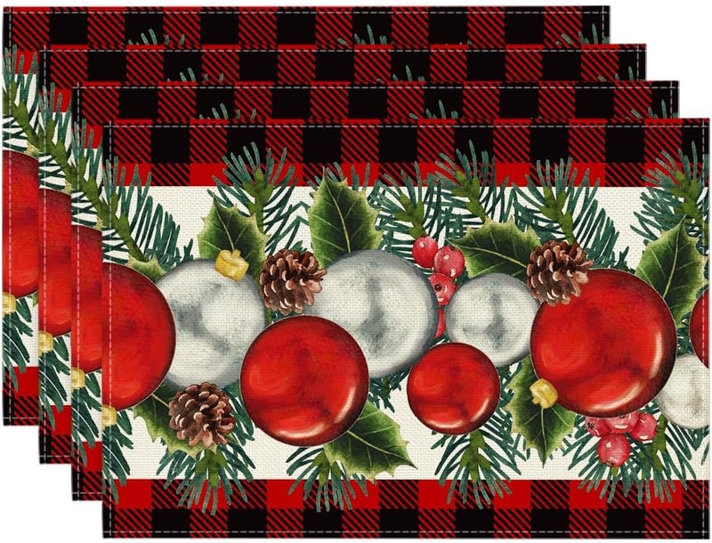 Artoid Mode Red Black Buffalo Plaid Holly Pine Cones Christmas Balls Placemats Set of 4 12x18 Inch Seasonal Winter Table Mats for Party Kitchen Dining Decoration - Image 1