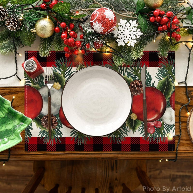Artoid Mode Red Black Buffalo Plaid Holly Pine Cones Christmas Balls Placemats Set of 4 12x18 Inch Seasonal Winter Table Mats for Party Kitchen Dining Decoration - Image 2