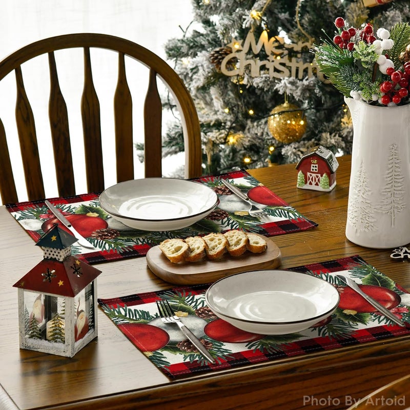 Artoid Mode Red Black Buffalo Plaid Holly Pine Cones Christmas Balls Placemats Set of 4 12x18 Inch Seasonal Winter Table Mats for Party Kitchen Dining Decoration - Image 4