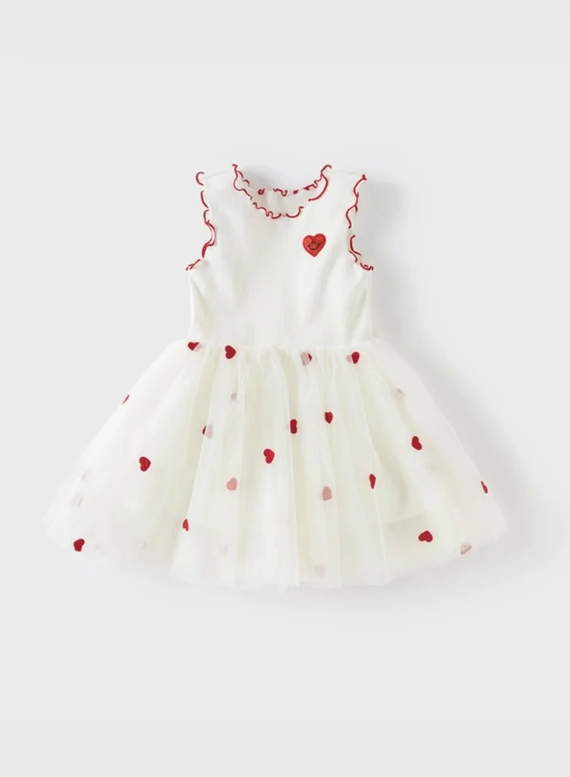 Dave & Bella Girls white tulle Dress with Red heart applique and ruffle trim