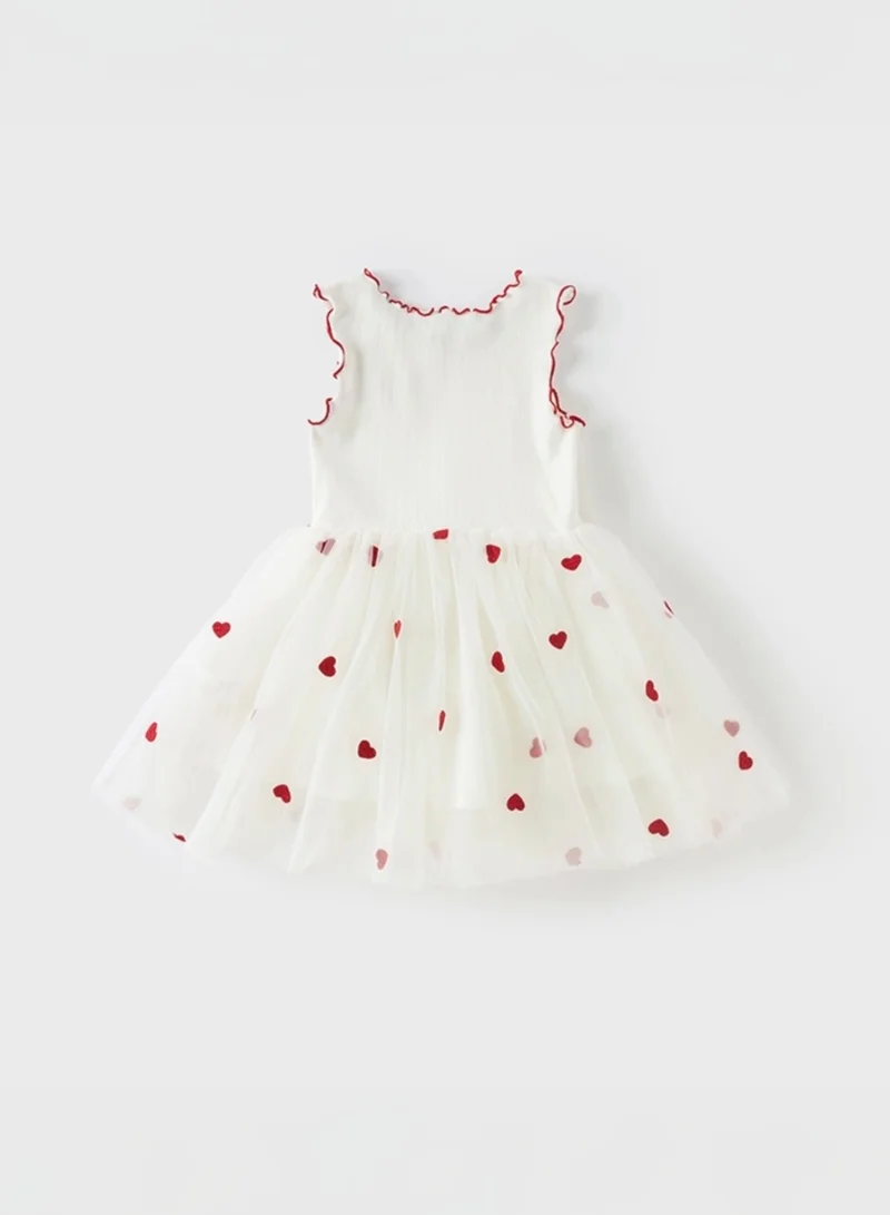 Dave & Bella Girls white tulle Dress with Red heart applique and ruffle trim