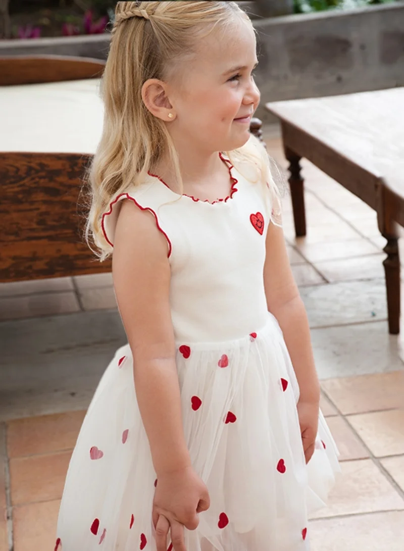 Dave & Bella Girls white tulle Dress with Red heart applique and ruffle trim