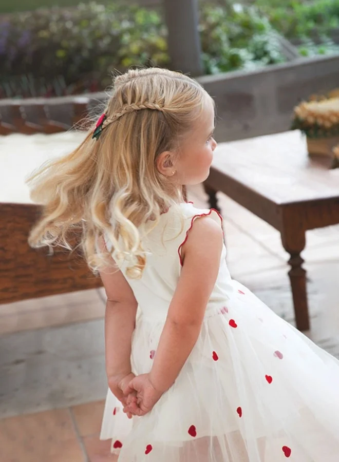 ديف اند بيلا فستان تول أبيض للبنات مزين بقلب أحمر وتفاصيل كشكش
