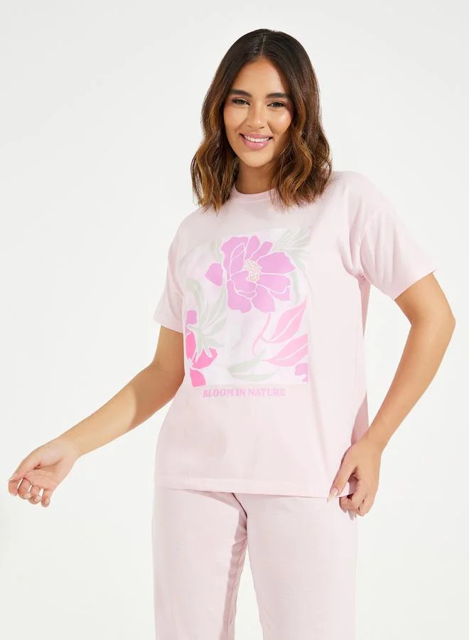 Styli Framed Floral Print Dropped Shoulder T-Shirt & Cuffed Pyjama Set