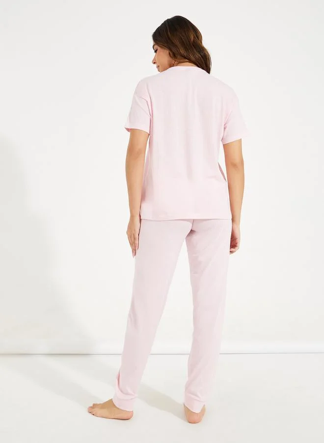 Styli Framed Floral Print Dropped Shoulder T-Shirt & Cuffed Pyjama Set