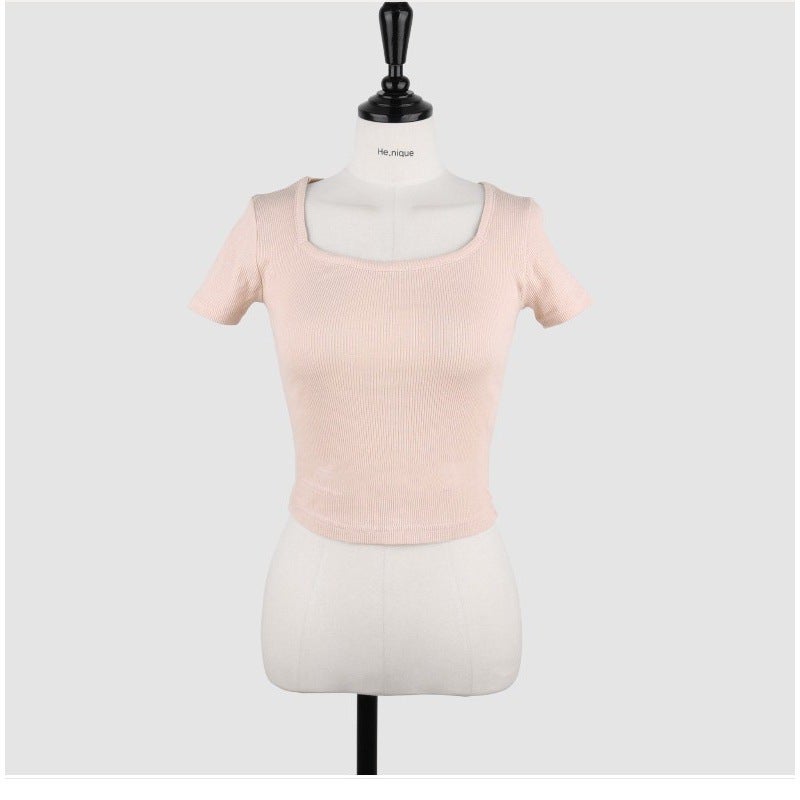 Milky Apricot Color U-Neck Regular Shoulder Short-Sleeve T-Shirt For Women, Summer Plus Size, Slim Fit, Waist-Cinching, Short Style, Slimming Top - Image 1