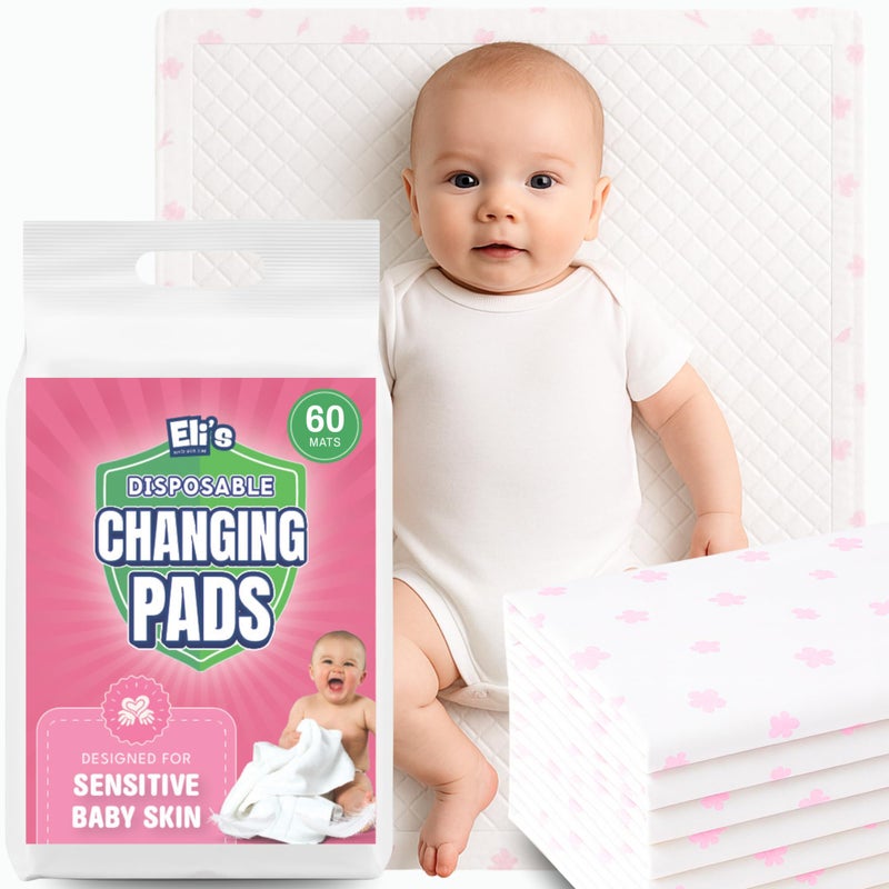 Eli with Love Disposable Baby Changing Pads - Soft, Waterproof & Leakproof Liners Absorbent Underpads - Large Travel Size Diaper Changing Mat for Home, Car, Diaper Bag - (60 Pack, Floral) - Image 1