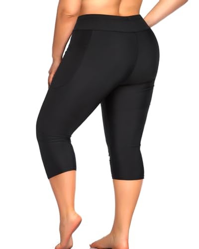 Holipick Black Regular Womens Plus Size Rash Guard Pants with 2 Side Pockets High Waisted Tummy Control Swim Capris Leggings UPF 50 Long Swim Shorts 16W - Image 3