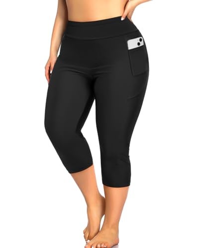 Holipick Black Regular Womens Plus Size Rash Guard Pants with 2 Side Pockets High Waisted Tummy Control Swim Capris Leggings UPF 50 Long Swim Shorts 16W - Image 1