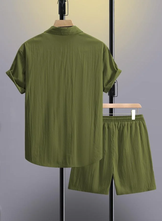 Take Two Take Two Men Khaki Solid Pocket Detail Shirt and Shorts Co-Ords