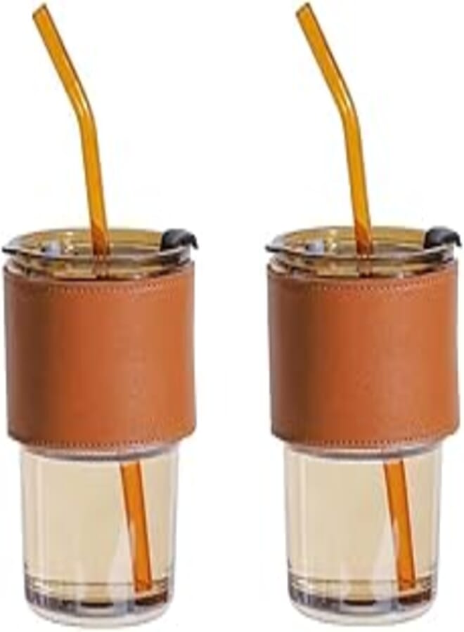 VoiDrop Voidrop- 1pc Glass Tumbler 400ml with Glass Straw and Lid, Glass Cup with Leather Sleeve, Glass Coffee Mugs for Straw and Direct Drinking Use, Summer Travel Essential Bottle (M2, Borosilicate Glass)
