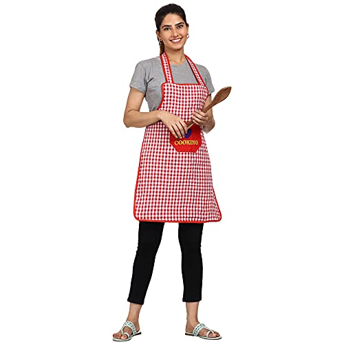 JMI Cotton Fabric Checkered Design Waterproof with Long Ties and multipurpose Front large Embroidered pocket For Cooking Dusting Home Kitchen Restaurant for Men & Women Unisex Apron. (Red & Maroon, 2) - Image 3
