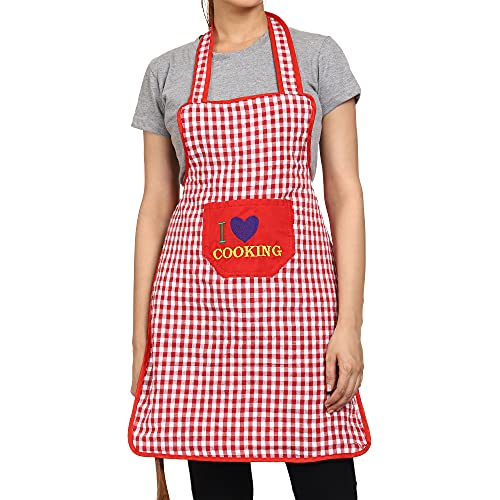 JMI Cotton Fabric Checkered Design Waterproof with Long Ties and multipurpose Front large Embroidered pocket For Cooking Dusting Home Kitchen Restaurant for Men & Women Unisex Apron. (Red & Maroon, 2) - Image 5