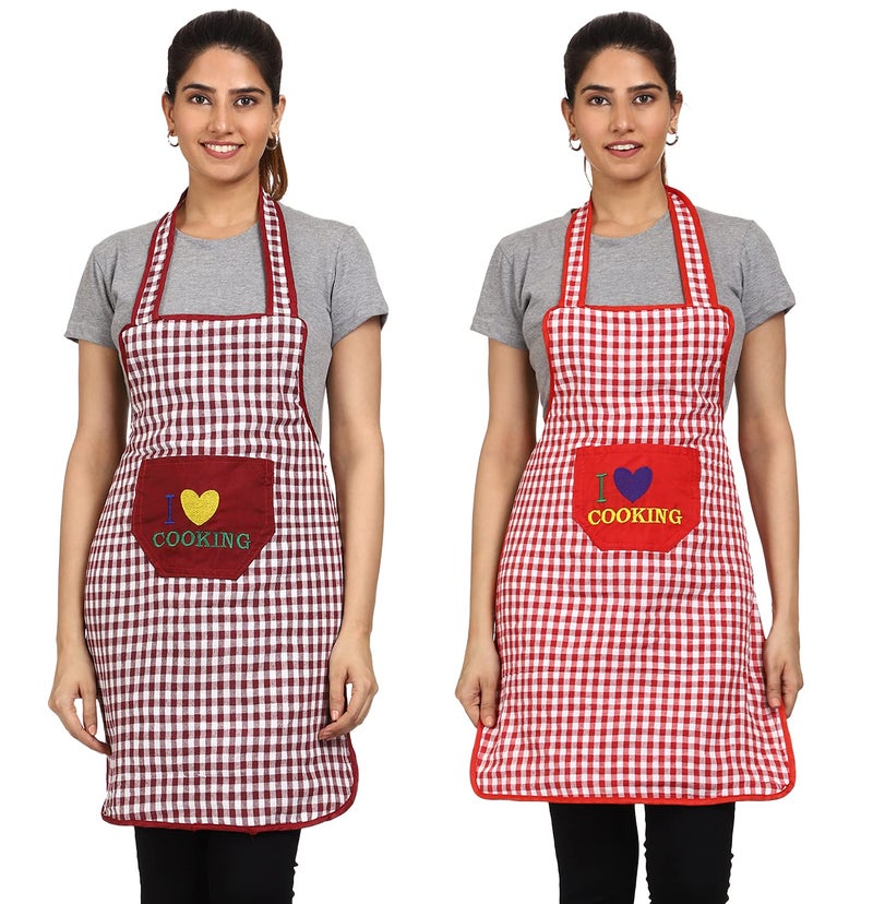 JMI Cotton Fabric Checkered Design Waterproof with Long Ties and multipurpose Front large Embroidered pocket For Cooking Dusting Home Kitchen Restaurant for Men & Women Unisex Apron. (Red & Maroon, 2) - Image 1