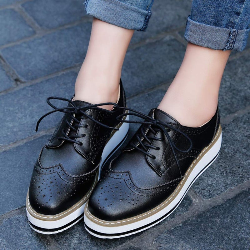 DADAWEN Women's Platform Lace-Up Wingtips Square Toe Oxfords Shoe Black Leather US Size 7.5/Asia Size 39/24.5cm - Image 4