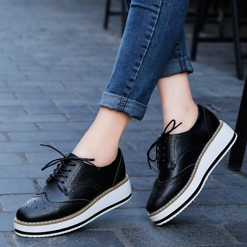 DADAWEN Women's Platform Lace-Up Wingtips Square Toe Oxfords Shoe Black Leather US Size 7.5/Asia Size 39/24.5cm - Image 3