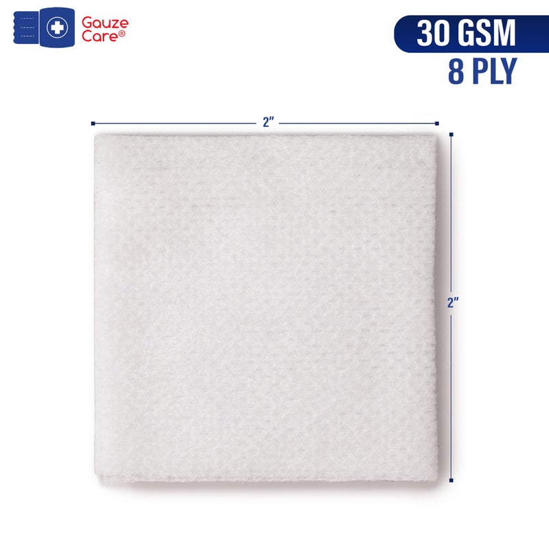Gauze Care ضمادات شاش غير منسوجة معقمة 2x2 عبوة من 100 | إسفنجات شاش 8 طبقات | ضمادات شاش معقمة 2x2 معبأة بشكل فردي | ضمادات شاش طبية ناعمة وخالية من الوبر لامتصاص أفضل ورعاية الجروح في الإسعافات الأولية - Image 2
