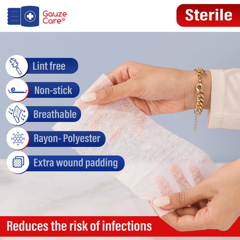 Gauze Care ضمادات شاش غير منسوجة معقمة 2x2 عبوة من 100 | إسفنجات شاش 8 طبقات | ضمادات شاش معقمة 2x2 معبأة بشكل فردي | ضمادات شاش طبية ناعمة وخالية من الوبر لامتصاص أفضل ورعاية الجروح في الإسعافات الأولية - Image 3