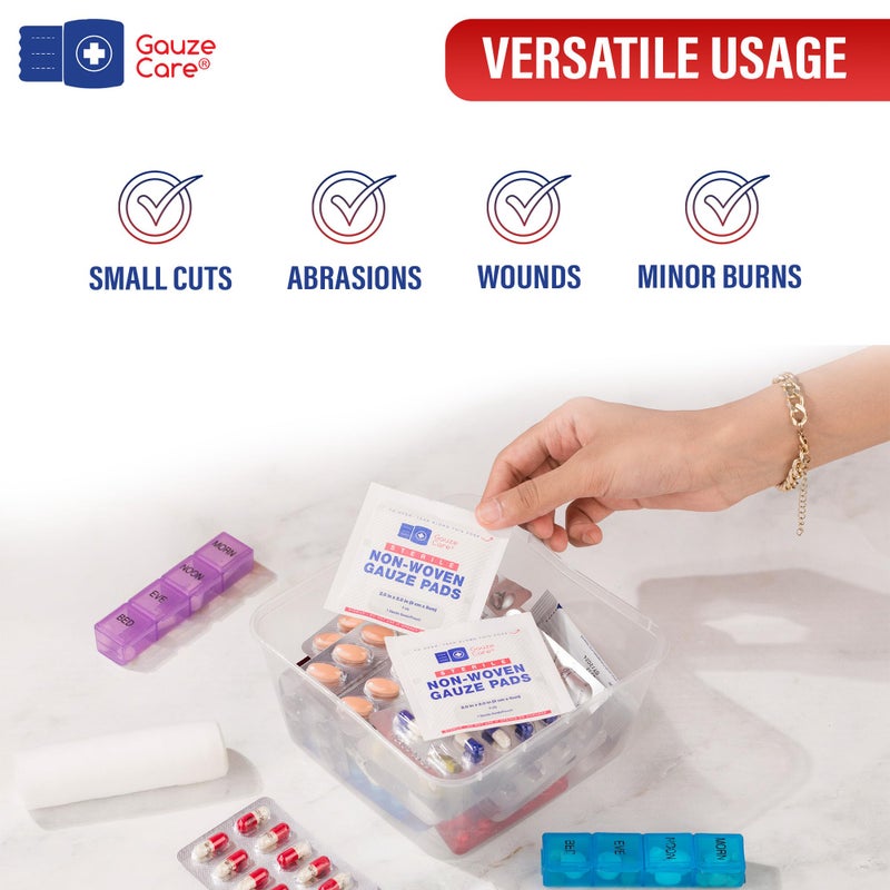 Gauze Care ضمادات شاش غير منسوجة معقمة 2x2 عبوة من 100 | إسفنجات شاش 8 طبقات | ضمادات شاش معقمة 2x2 معبأة بشكل فردي | ضمادات شاش طبية ناعمة وخالية من الوبر لامتصاص أفضل ورعاية الجروح في الإسعافات الأولية - Image 4