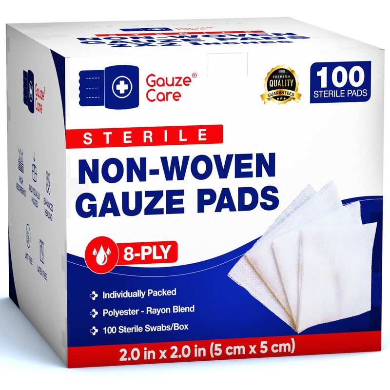 Gauze Care ضمادات شاش غير منسوجة معقمة 2x2 عبوة من 100 | إسفنجات شاش 8 طبقات | ضمادات شاش معقمة 2x2 معبأة بشكل فردي | ضمادات شاش طبية ناعمة وخالية من الوبر لامتصاص أفضل ورعاية الجروح في الإسعافات الأولية - Image 1
