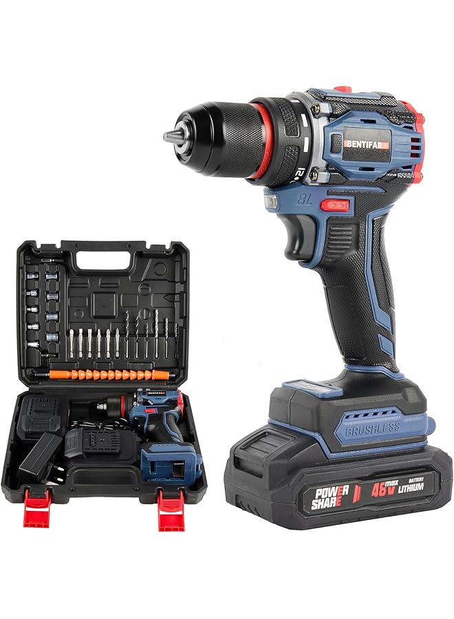 erorex 48V Cordless Drill Set Brushless Electric Drill With 2 Batteries And Charger 2 Speed Power Drill Driver With 50 Torque Settings Built In Led Light And Storage Case Blue A - Image 1