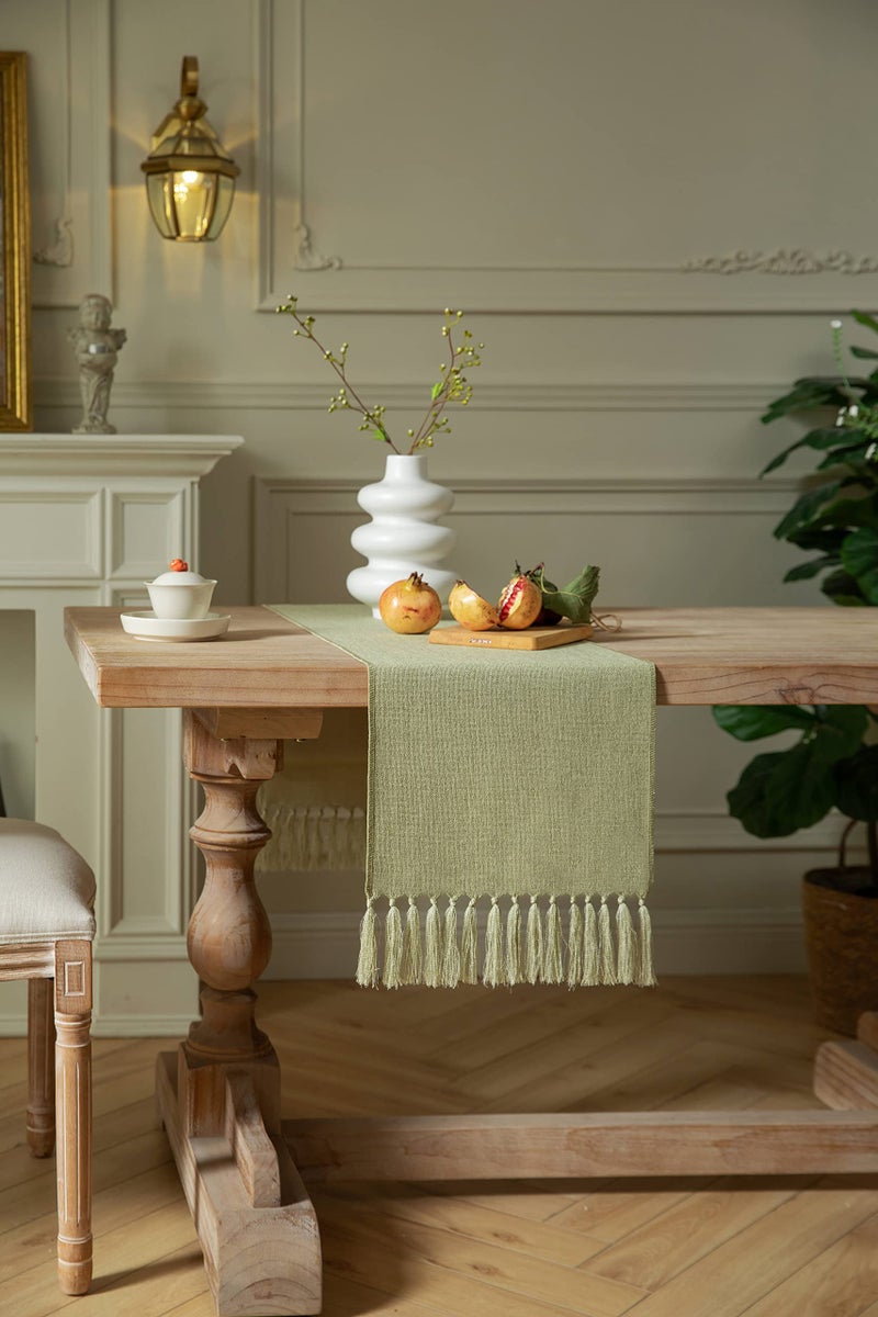 ZeeMart Sage Green Table Runners 60 Inches Long  Burlap Linen Style Rustic Farmhouse Table Runner  Boho Woven Dining Table Runner  13x60 Inches  Light Sage Green - Image 2