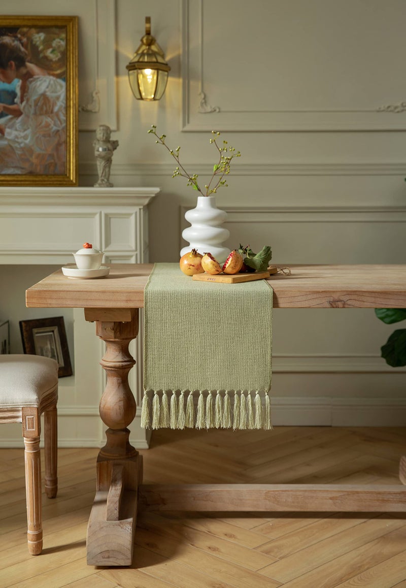 ZeeMart Sage Green Table Runners 60 Inches Long  Burlap Linen Style Rustic Farmhouse Table Runner  Boho Woven Dining Table Runner  13x60 Inches  Light Sage Green - Image 1