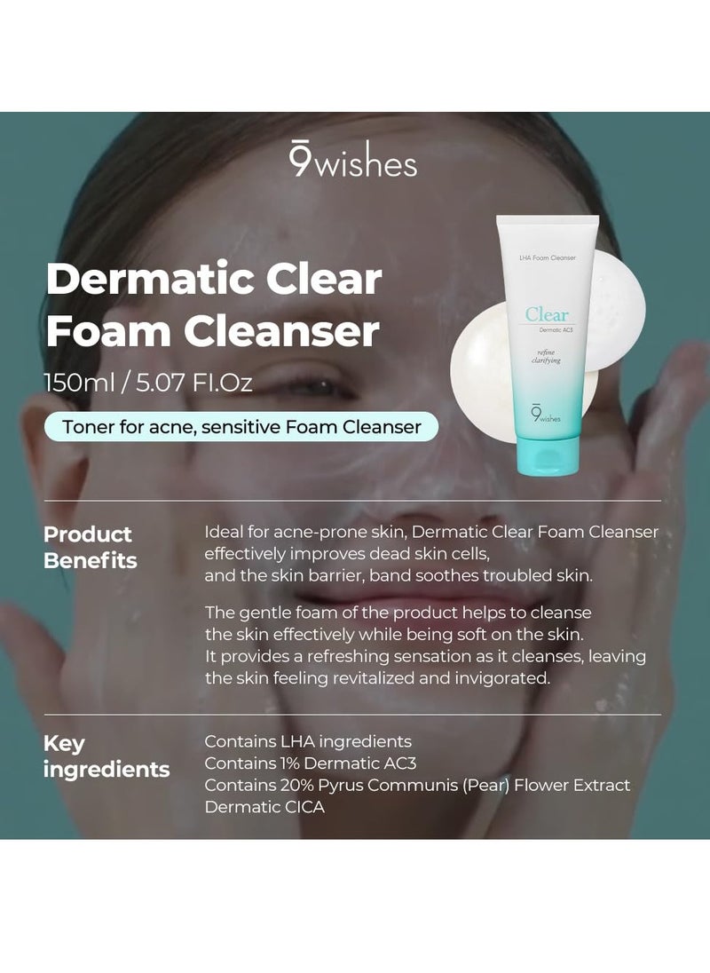 9 wishes 9 wishes Dermatic Clear Foam Cleanser 5.07 fl.oz - Acne Facial Wash with LHA & 20% Pear Flower Extract & Madecassoside | Low Alkaline, Gentle Exfoliating, Sensitive Skin Soothing, Korean Skincare  - Image 3