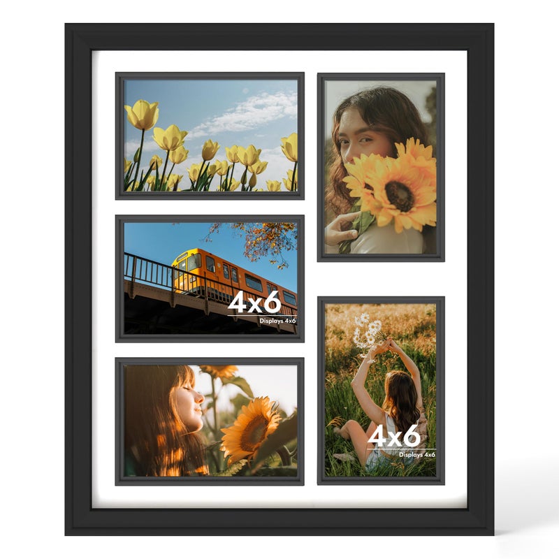 iRahmen 4x6 Collage Picture Frame with Tempered Glass - Wood Photo Frames Display Five 4 x 6 Pictures with Mat, Home Decor Wall Mount, Black - Image 1