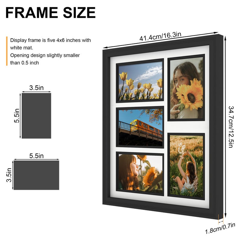 iRahmen 4x6 Collage Picture Frame with Tempered Glass - Wood Photo Frames Display Five 4 x 6 Pictures with Mat, Home Decor Wall Mount, Black - Image 4