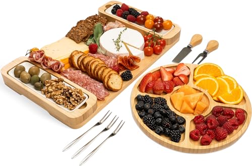 Bambüsi Charcuterie Boards Gift Set - Large Bamboo Cheese Board with Serving Tray, Knives and Bowls for Meat, Cheese and Crackers, for Mom, Housewarming, Wedding, Birthday Gifts for Women - Image 1