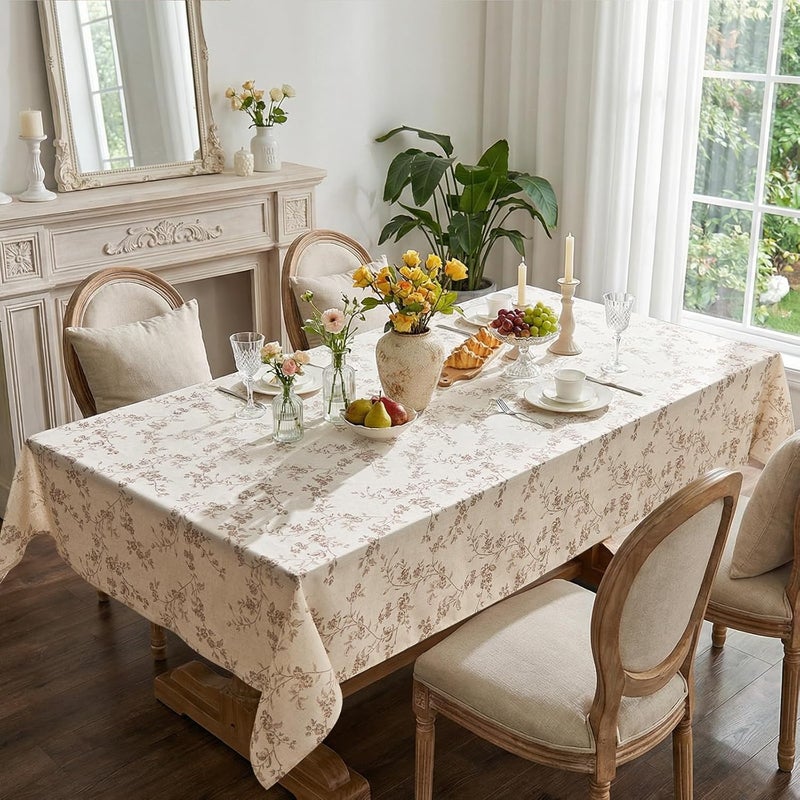x 70 Inch Beige Linen Tablecloth with Farmhouse Floral Print - Image 3