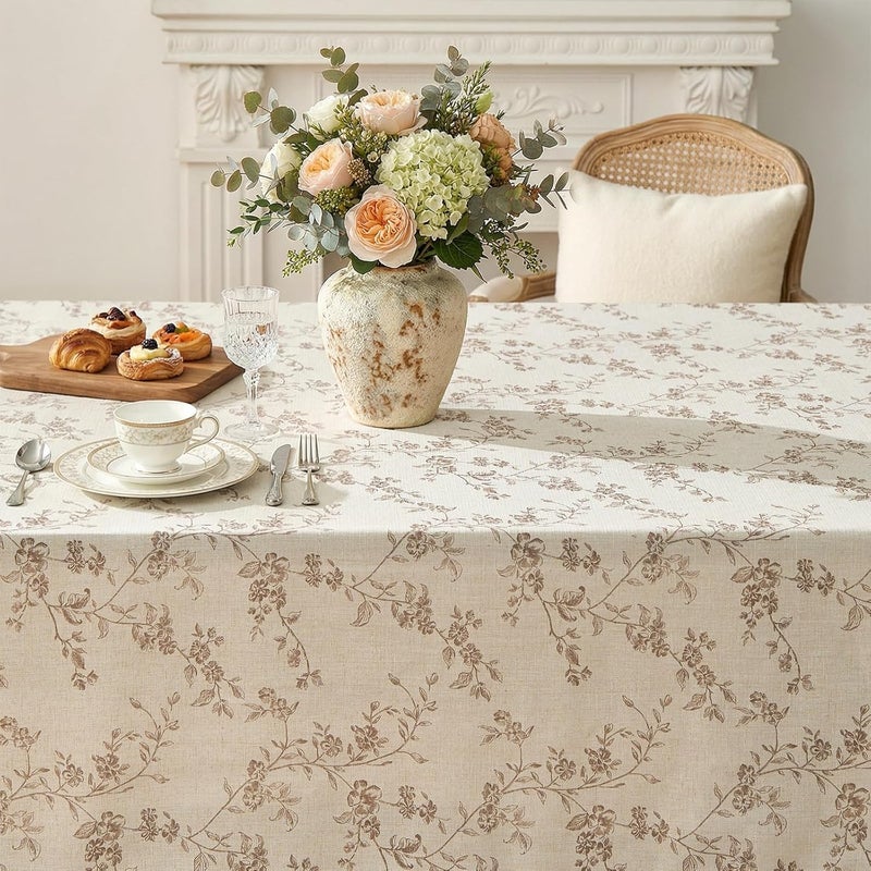 x 70 Inch Beige Linen Tablecloth with Farmhouse Floral Print - Image 5