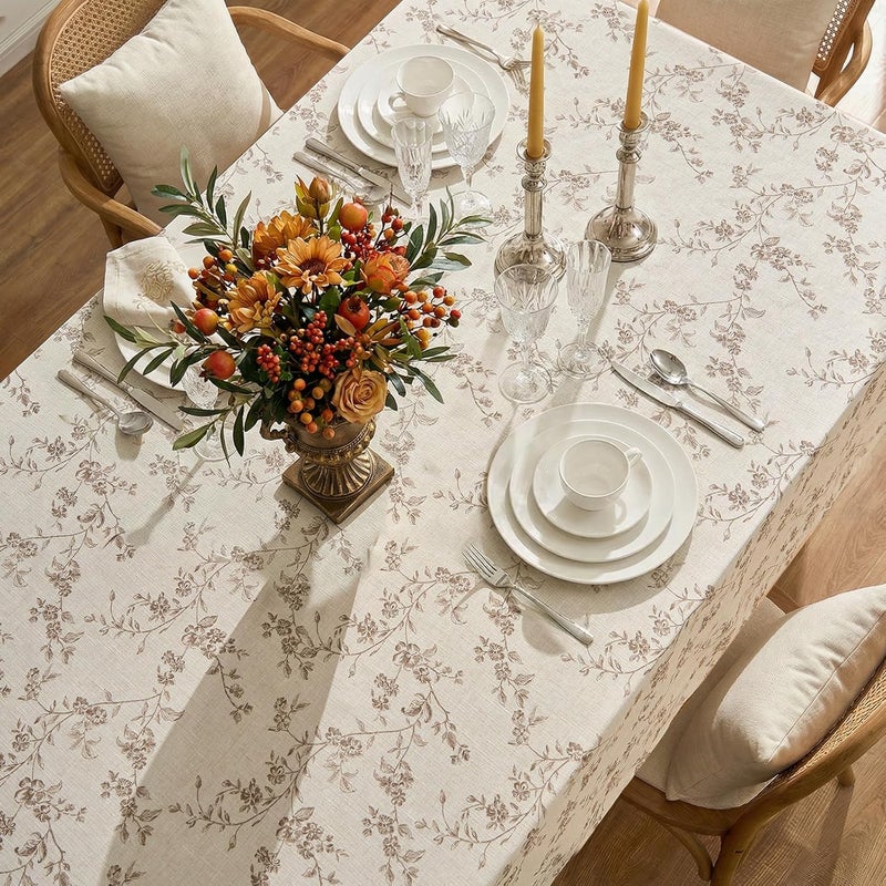 x 70 Inch Beige Linen Tablecloth with Farmhouse Floral Print - Image 4