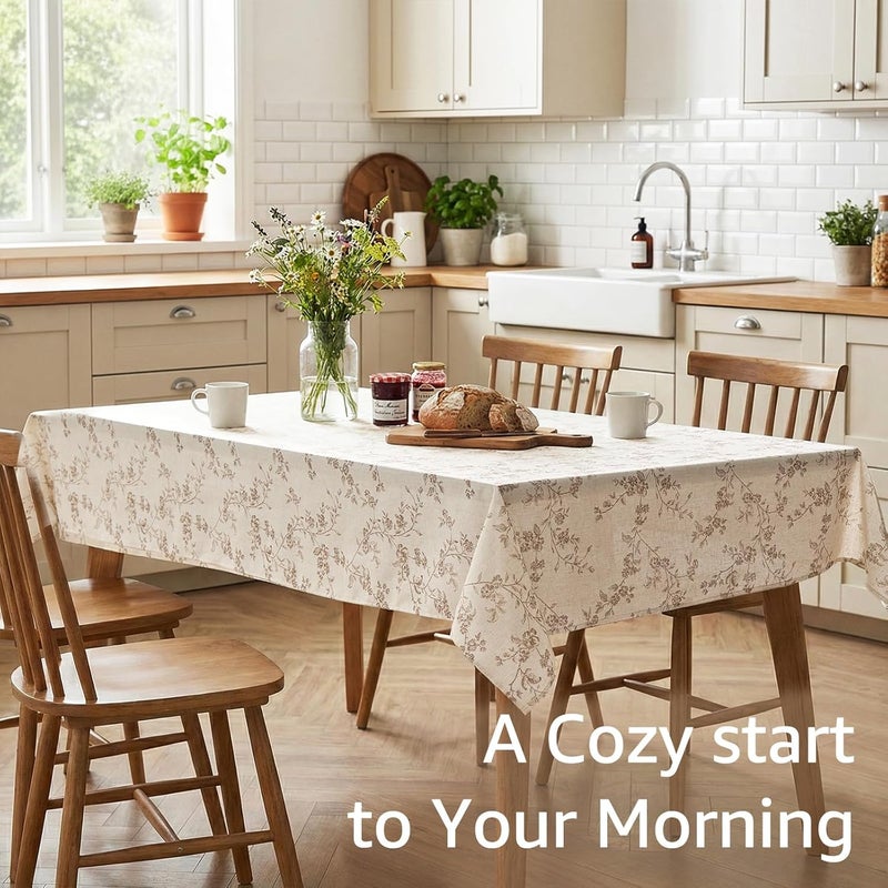 x 70 Inch Beige Linen Tablecloth with Farmhouse Floral Print - Image 2